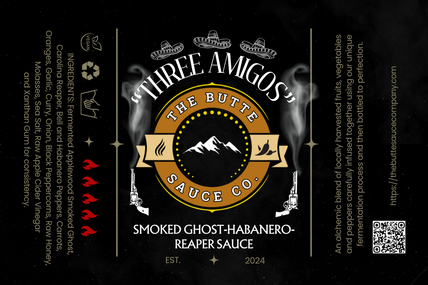 "Three Amigos" Applewood-Smoked Reaper/Ghost/Habanero Veggie and Peppercorn 5 oz. bottle by The Butte Sauce Co.